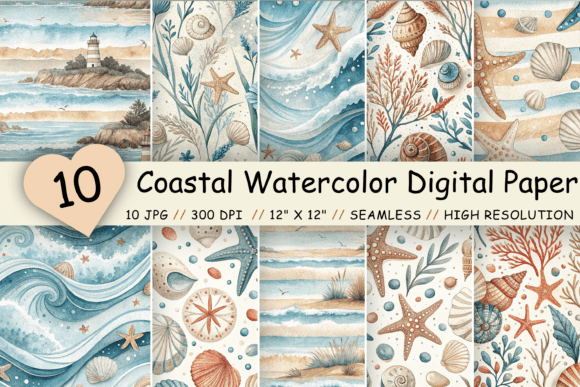 Download Coastal Watercolor Digital Paper Pack - Digital paper pack Collection